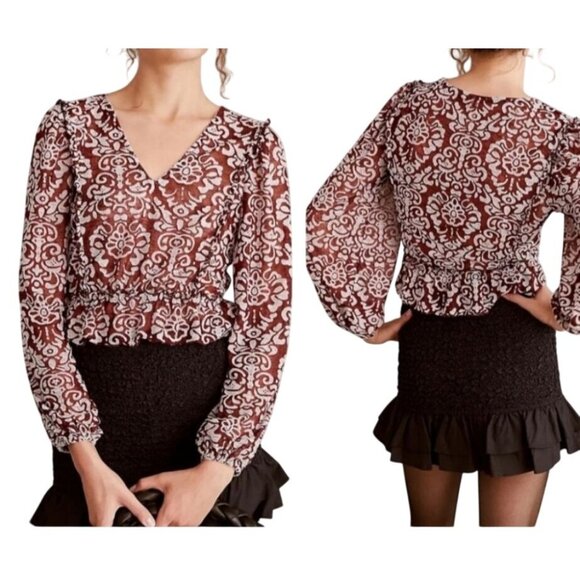 Anthropologie Tops - By Anthropologie Women's S Jacquard Cropped Long Sleeve Blouse